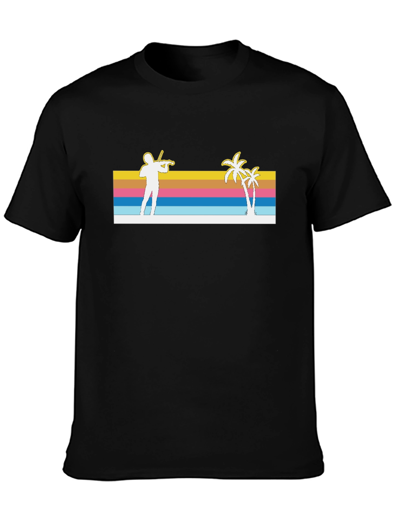 Black Retro Violinist & Palm Trees Black T-Shirt view 3