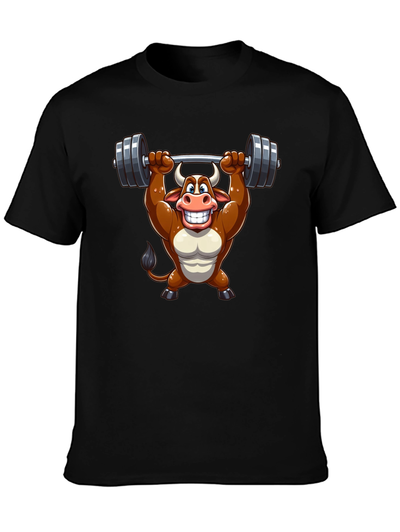 Black Funny Bull Lifting Weights T-Shirt view 3