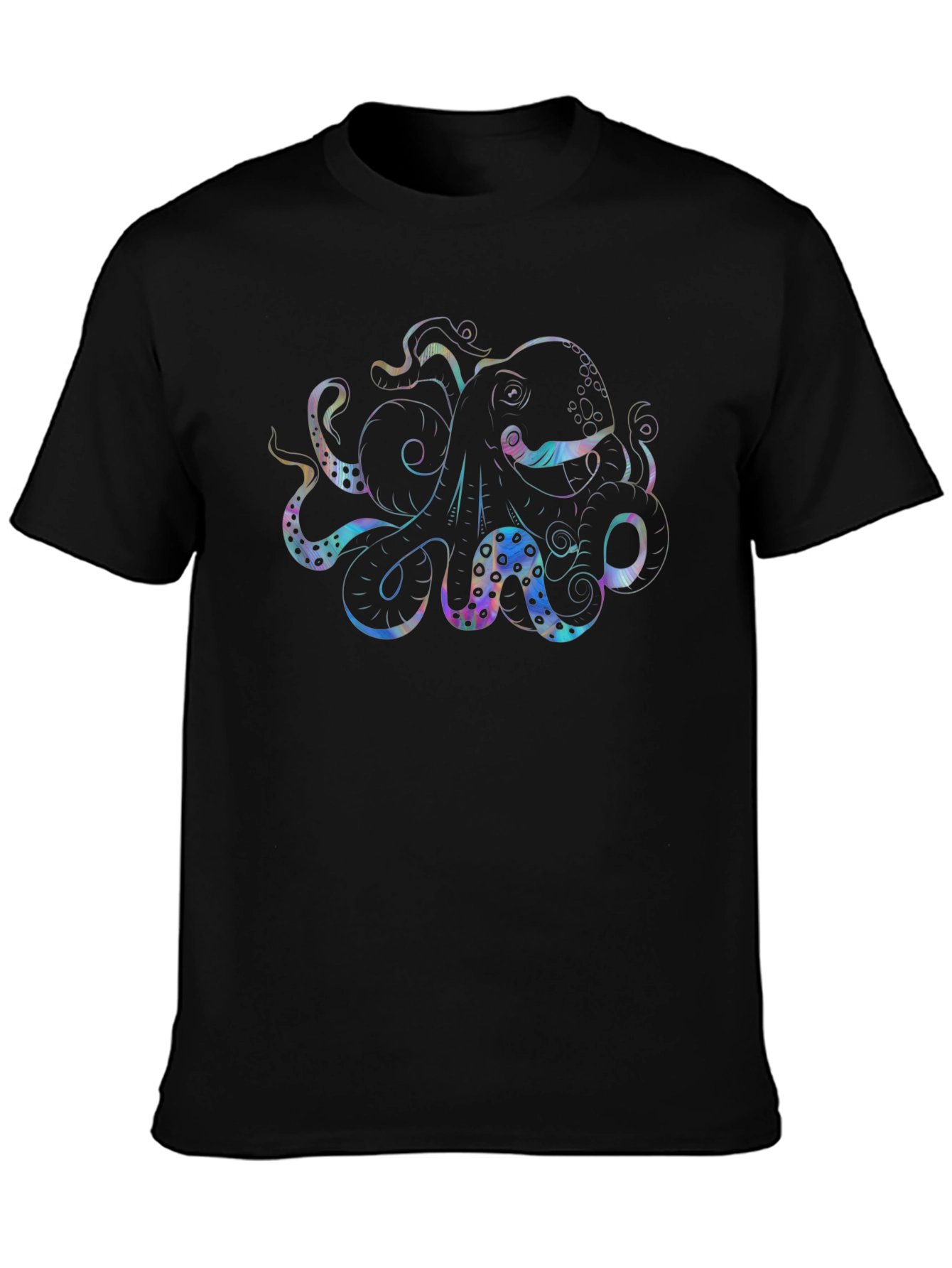 Black Men's Black T-Shirt with Holographic Octopus Graphic view 3