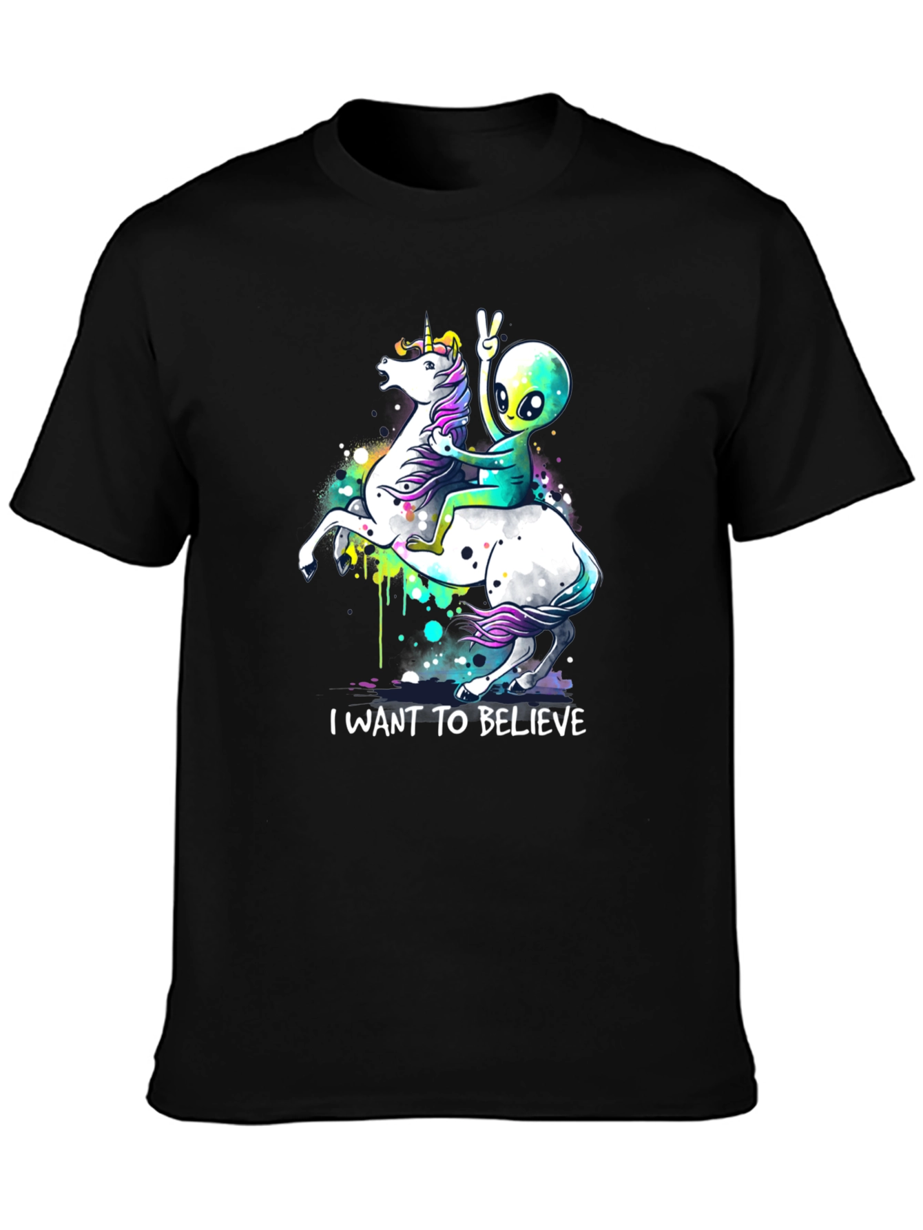 Black Alien Riding Unicorn T-Shirt - I Want To Believe view 3