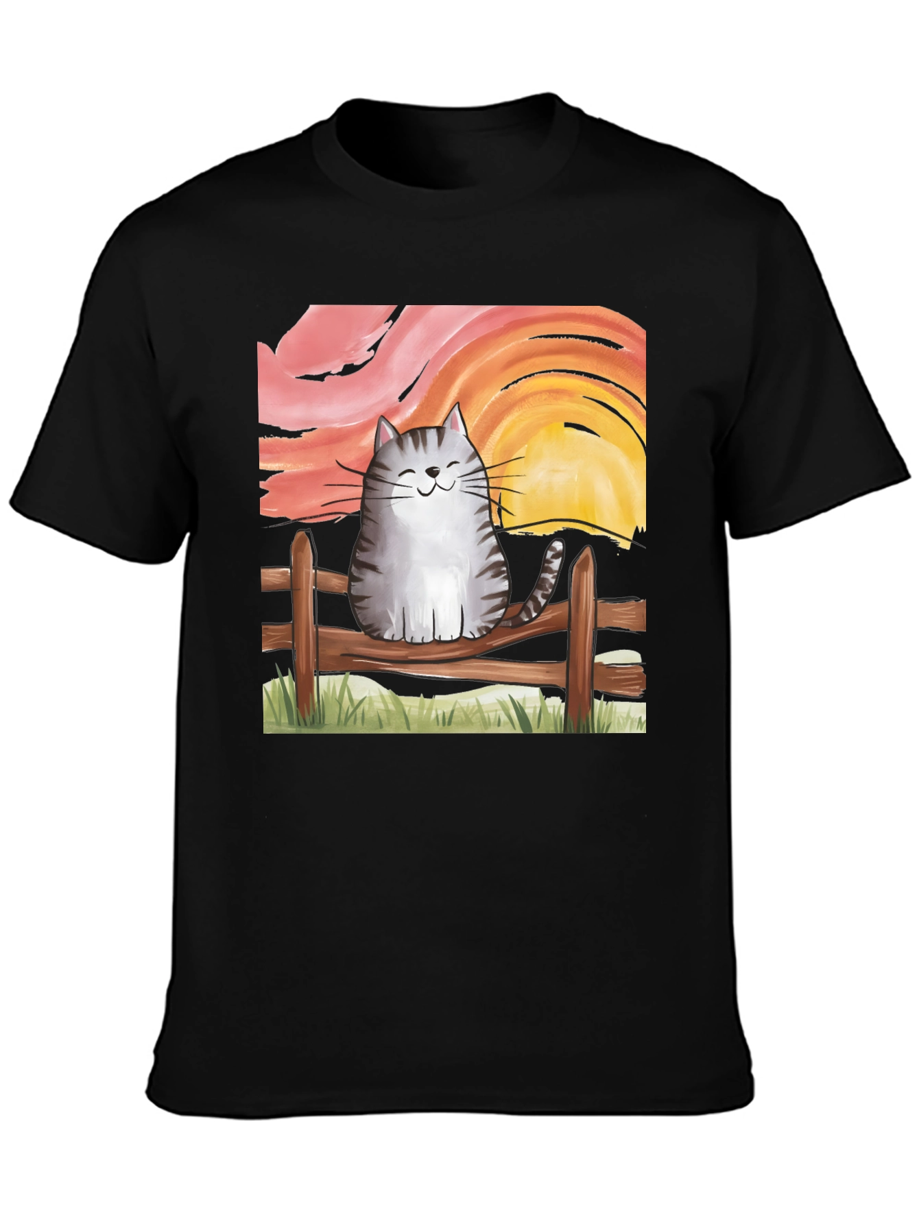 Black Cat on Fence Sunset Graphic Tee view 3