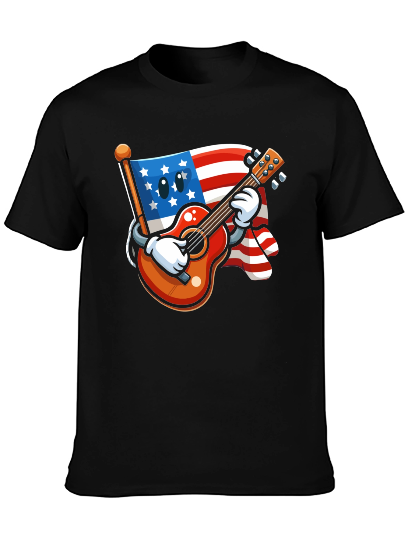 Black USA Flag Guitar T-Shirt - Patriotic Cartoon Design view 3