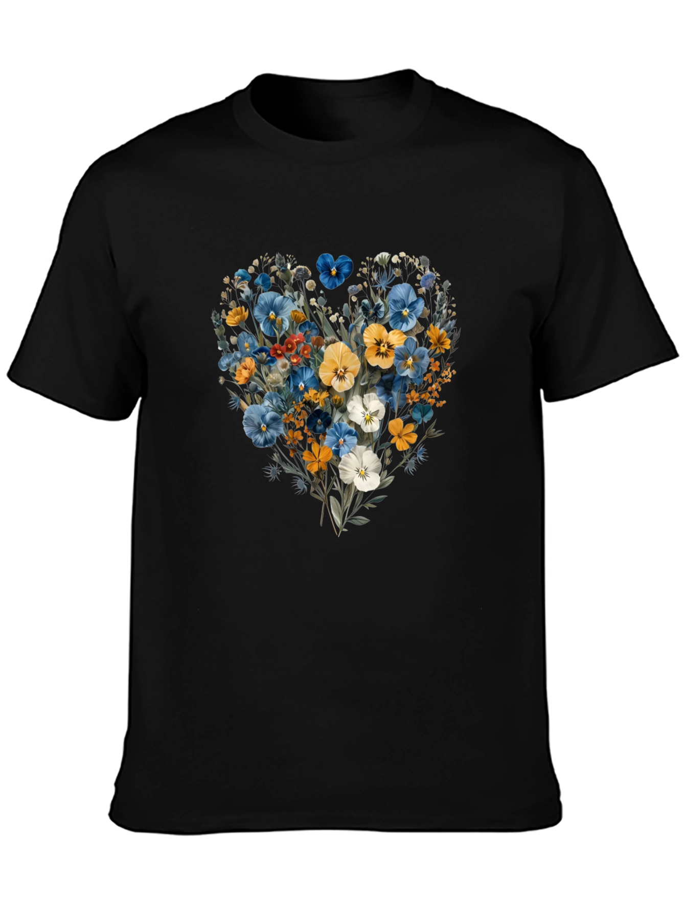 Black Floral Heart Graphic Tee - Black Crew Neck T-Shirt view 3