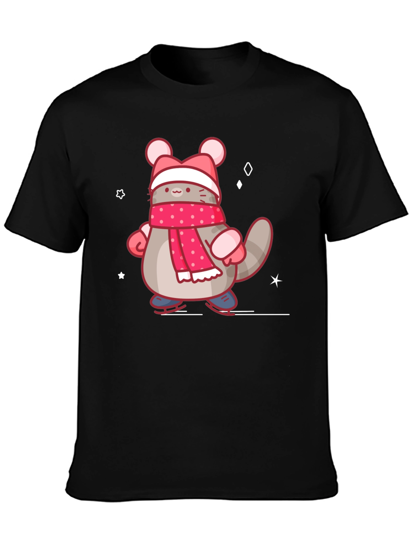 Black Cute Cartoon Cat in Winter Gear T-Shirt view 3
