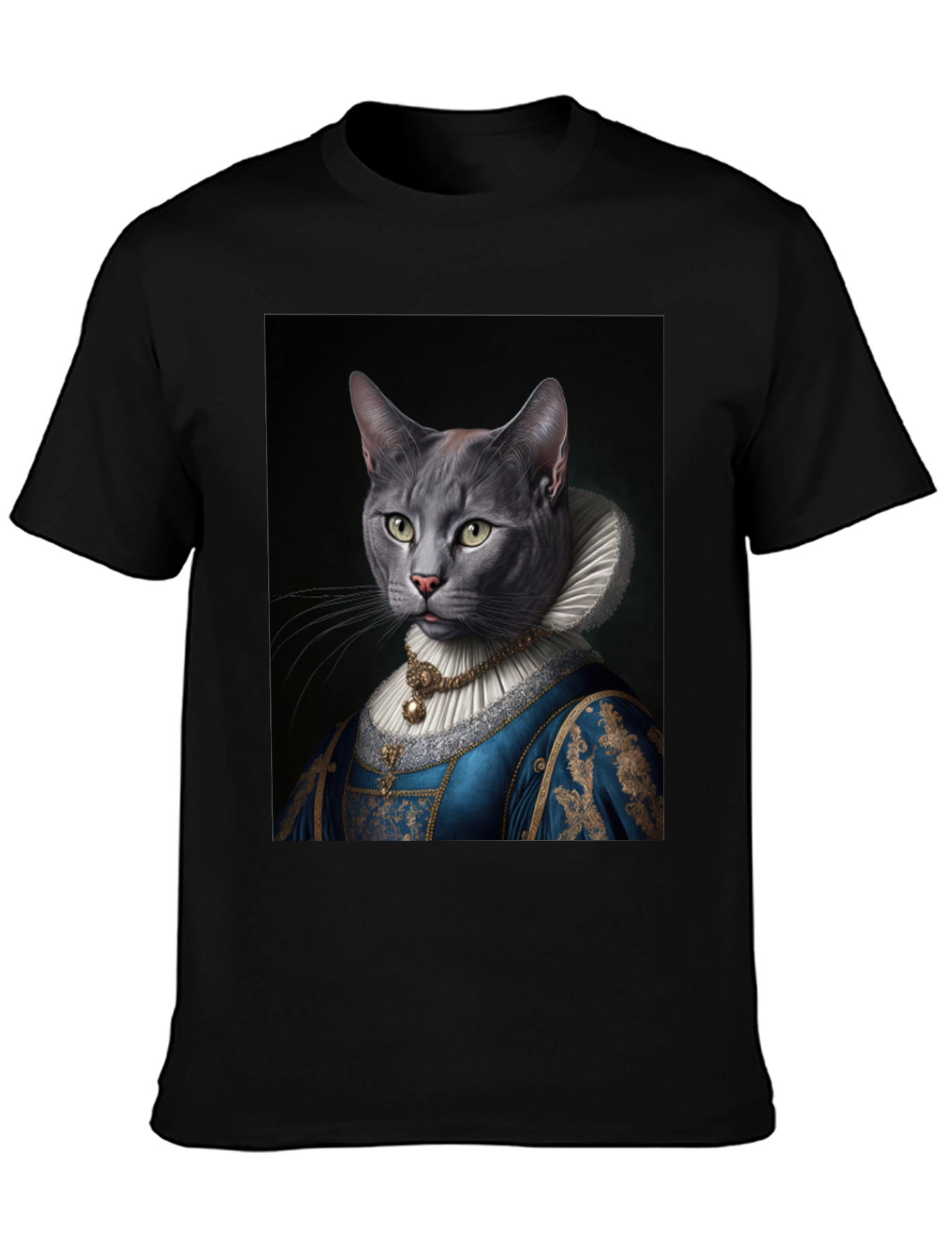 Black Royal Cat Portrait T-Shirt - Quirky Renaissance Style view 3