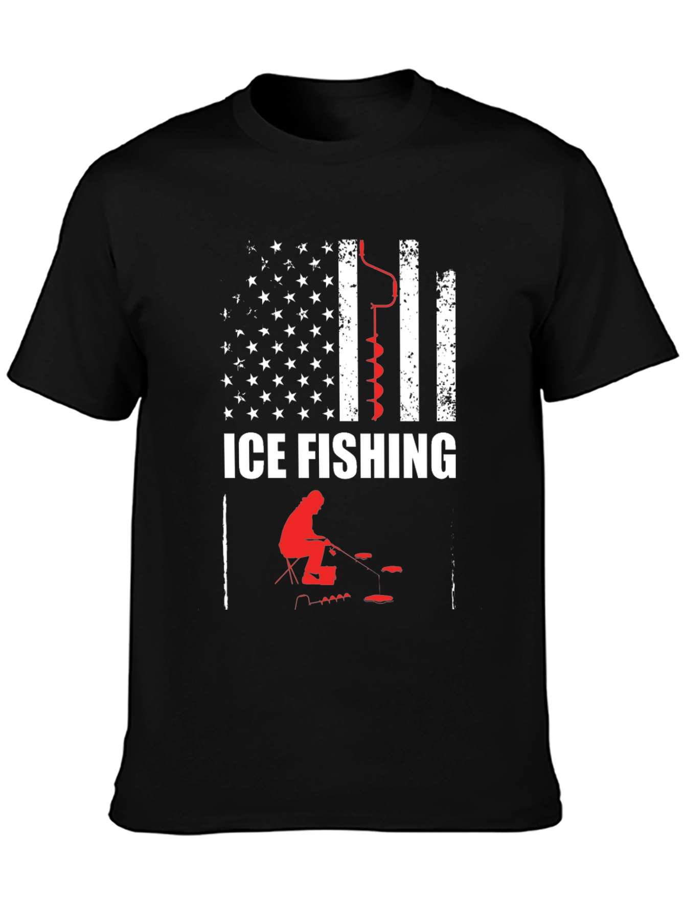 Black Ice Fishing American Flag Graphic T-Shirt view 3