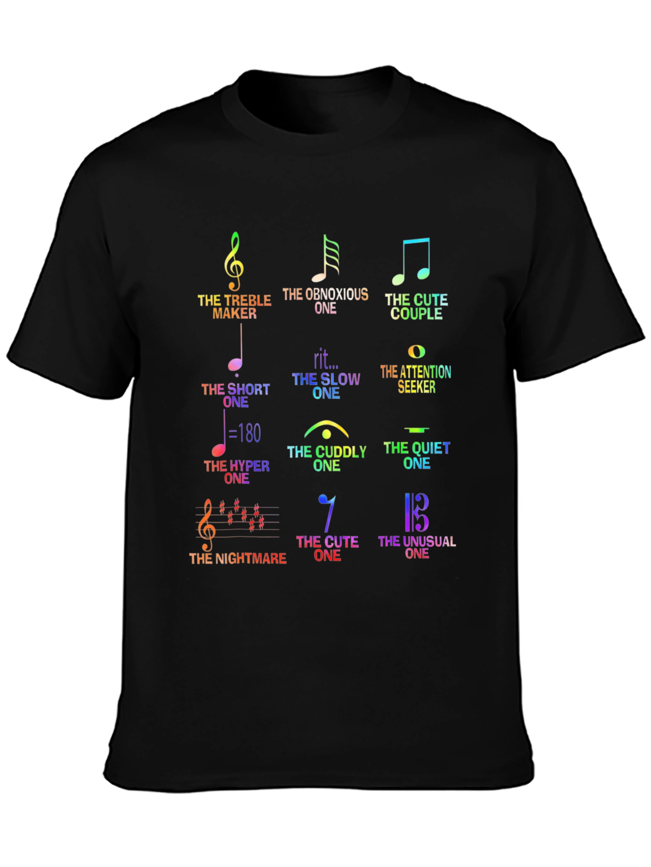 Black Musical Humor Graphic Tee - 'The Music Note Personalities' Shirt view 3