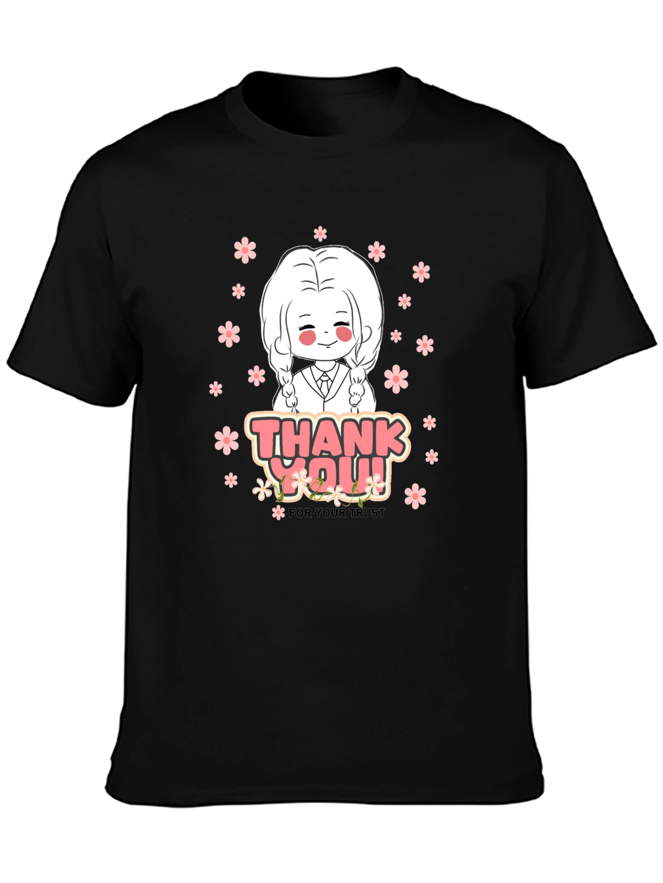 Black Anime Girl Graphic Print Crew Neck T-Shirt view 3