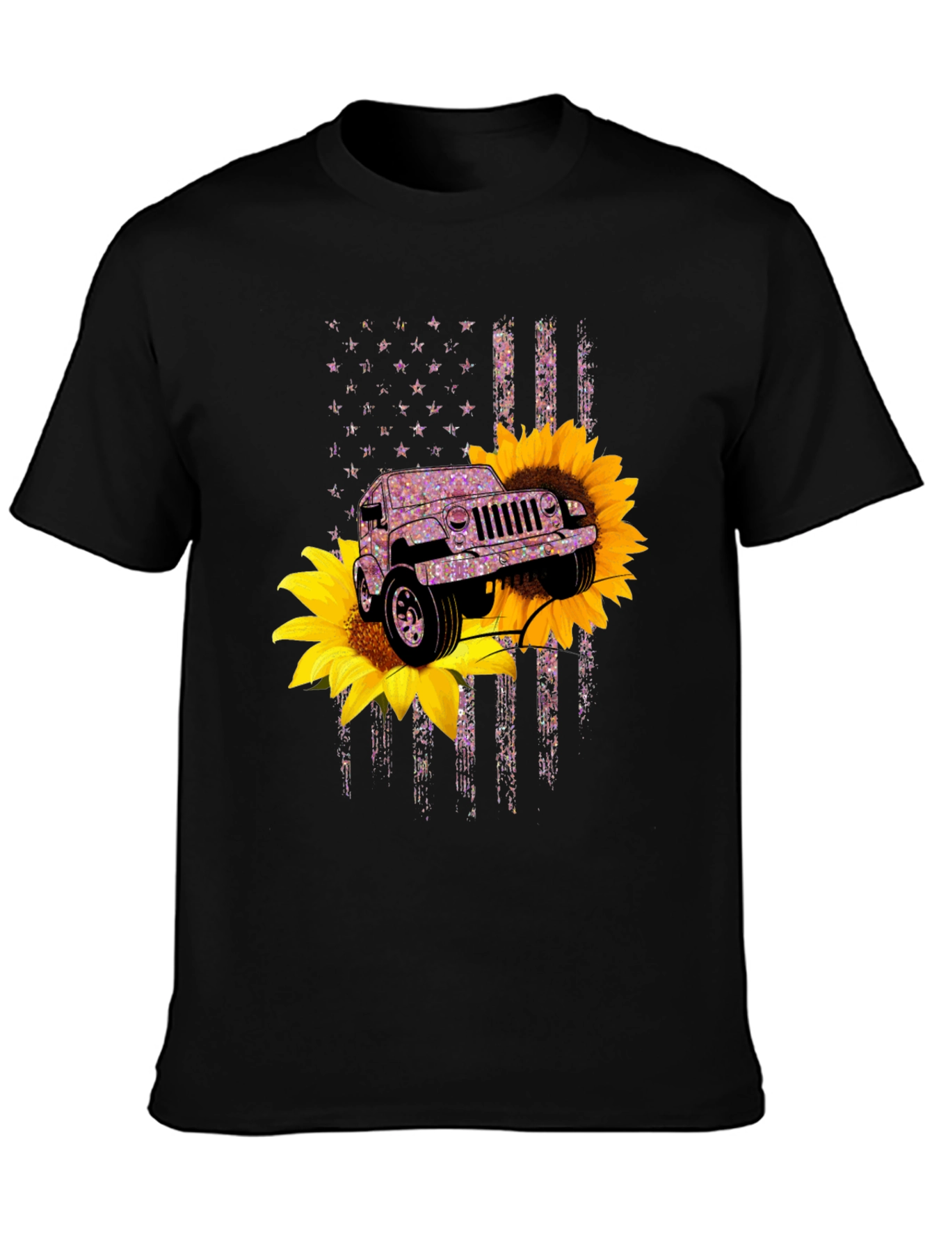 Black Sunflower Jeep T-Shirt - Patriotic Flag Design view 3