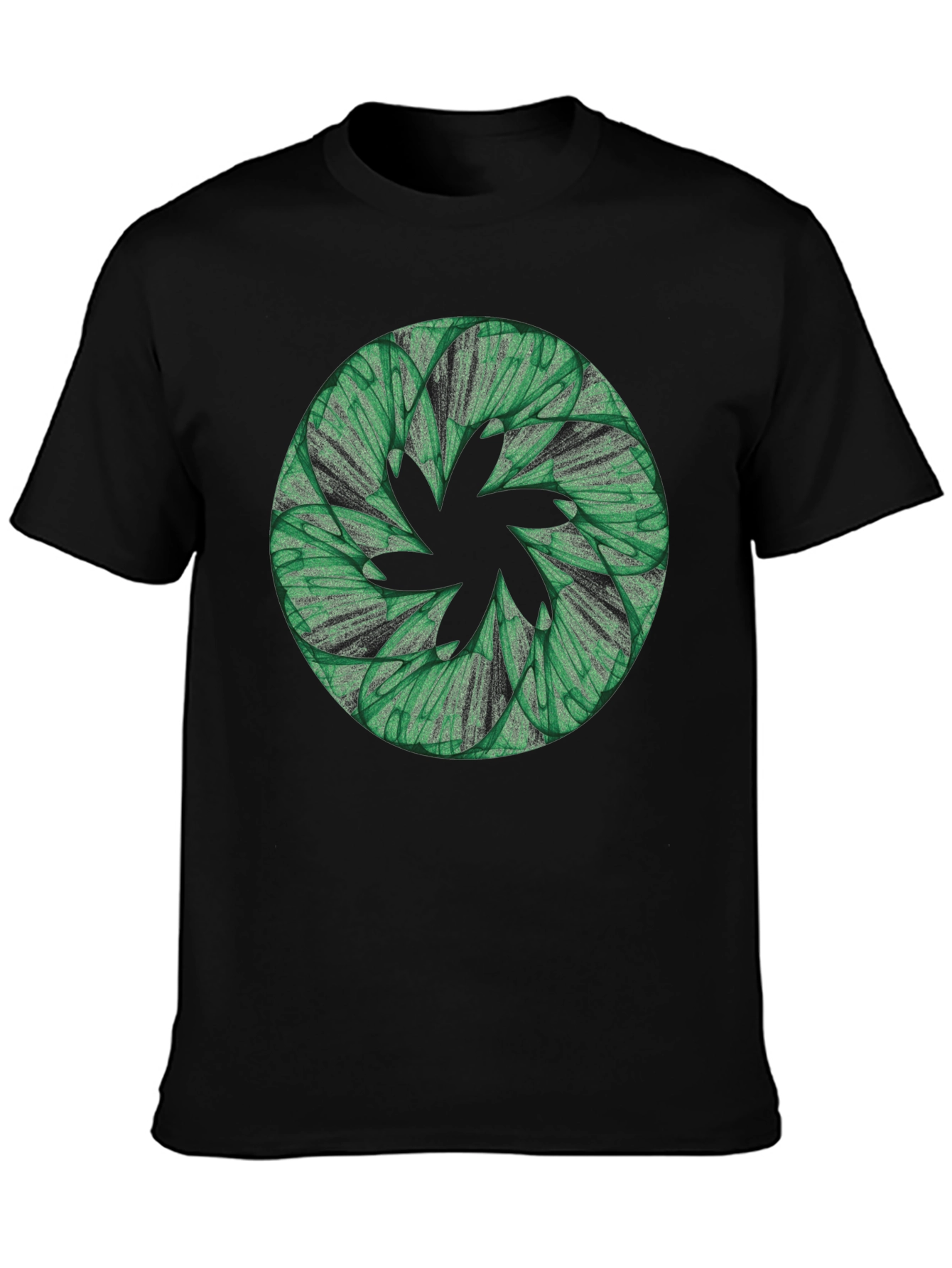Black Abstract Green Floral Pattern Black T-Shirt view 3