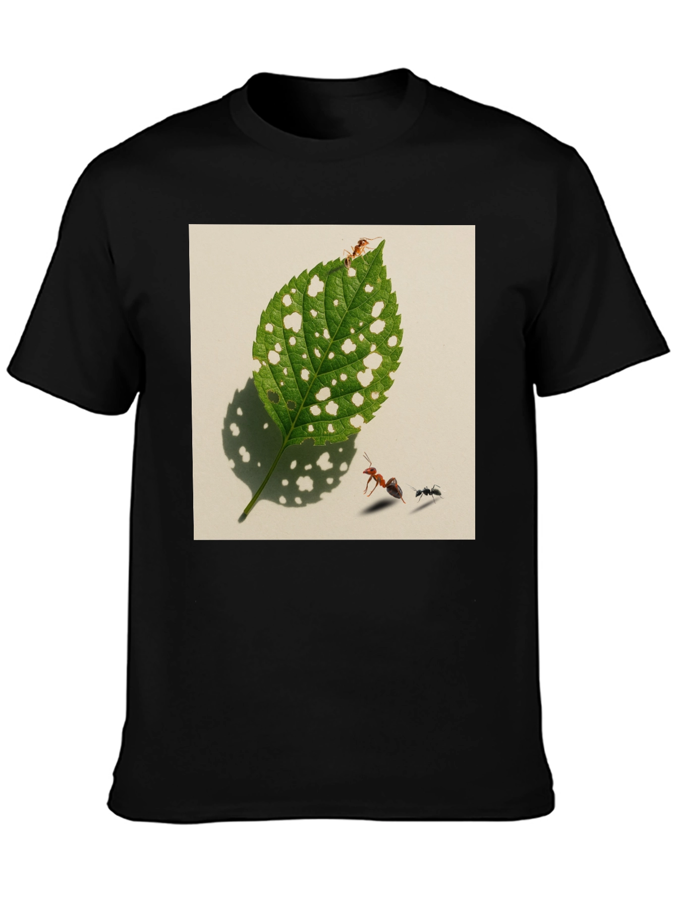 Black Ants & Leaf Graphic Tee - Unique Nature Shirt view 3