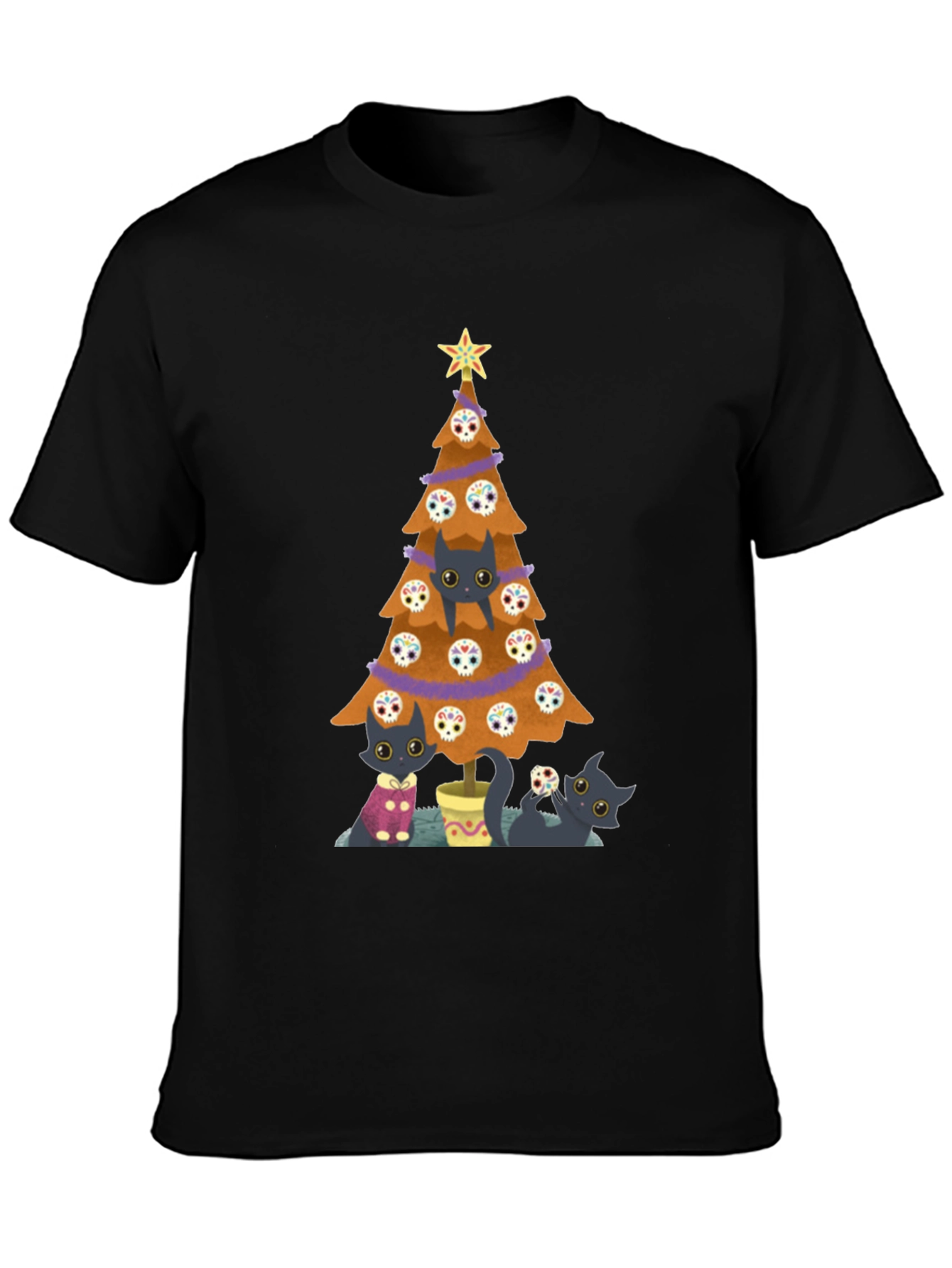 Black Cat Christmas Tree Black T-Shirt view 3
