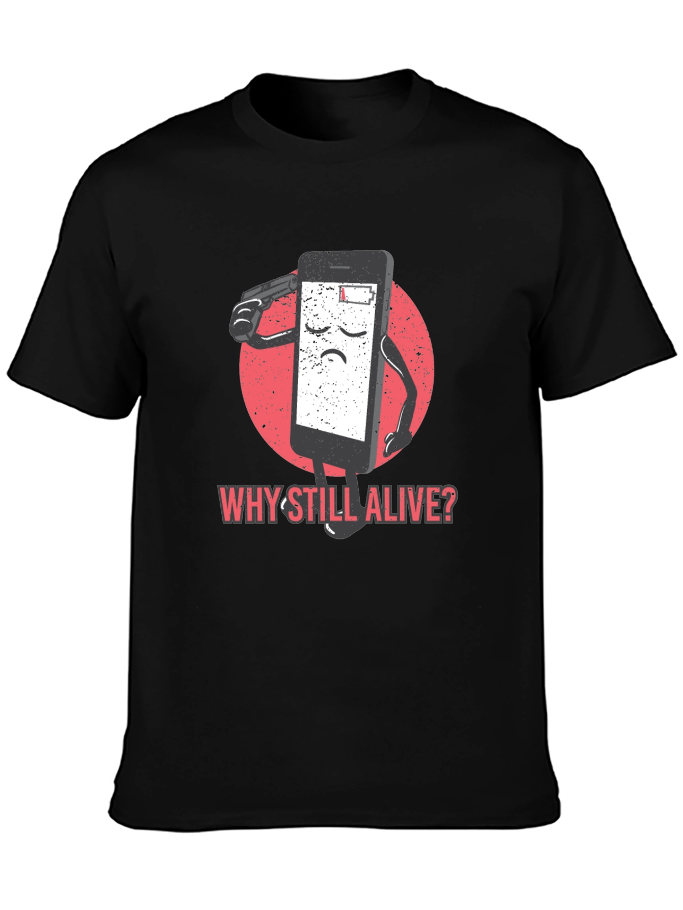 Black Why Still Alive T-Shirt - Funny Phone Battery Tee view 3