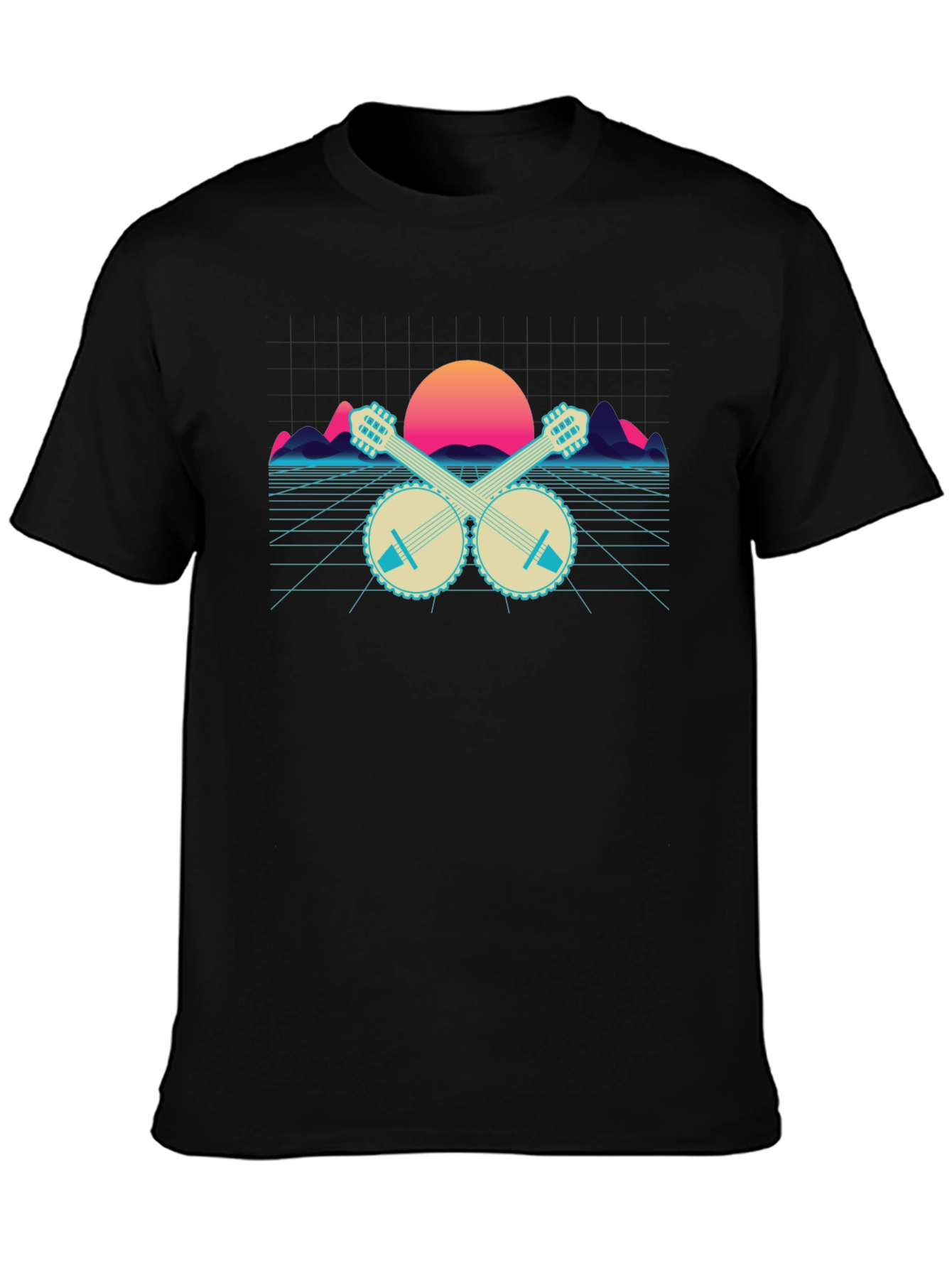 Black Retro Banjo Sunset T-Shirt - Musical Synthwave Tee view 3