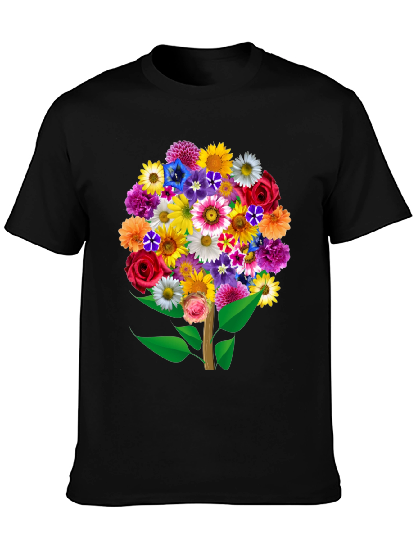 Black Floral Bouquet Tree Graphic Tee - Black Cotton T-Shirt view 3
