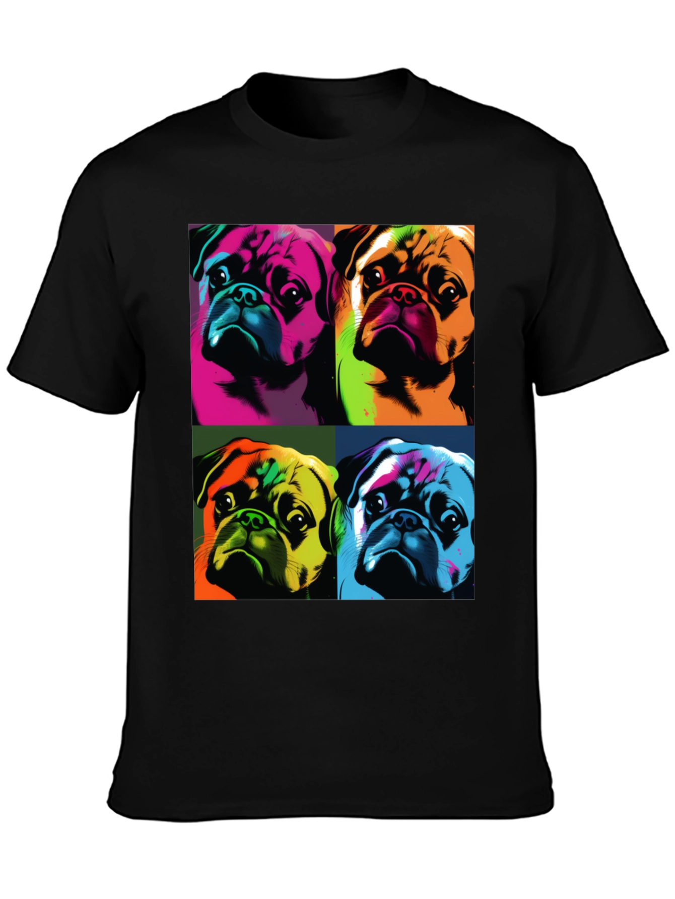 Black Pop Art Pug T-Shirt: Colorful Canine Graphic Tee view 3