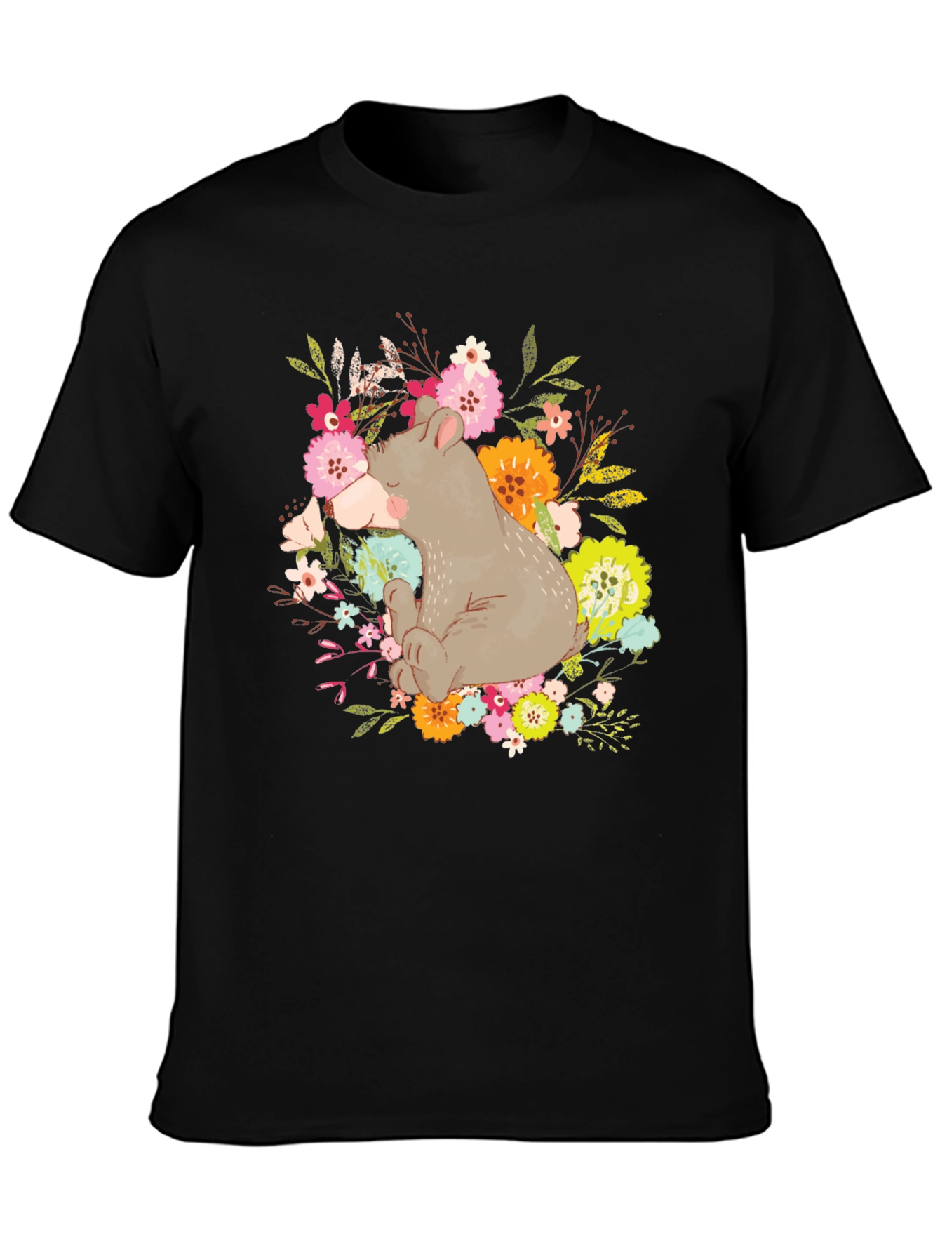Black Cute Bear Floral T-Shirt - Unisex Graphic Tee view 3
