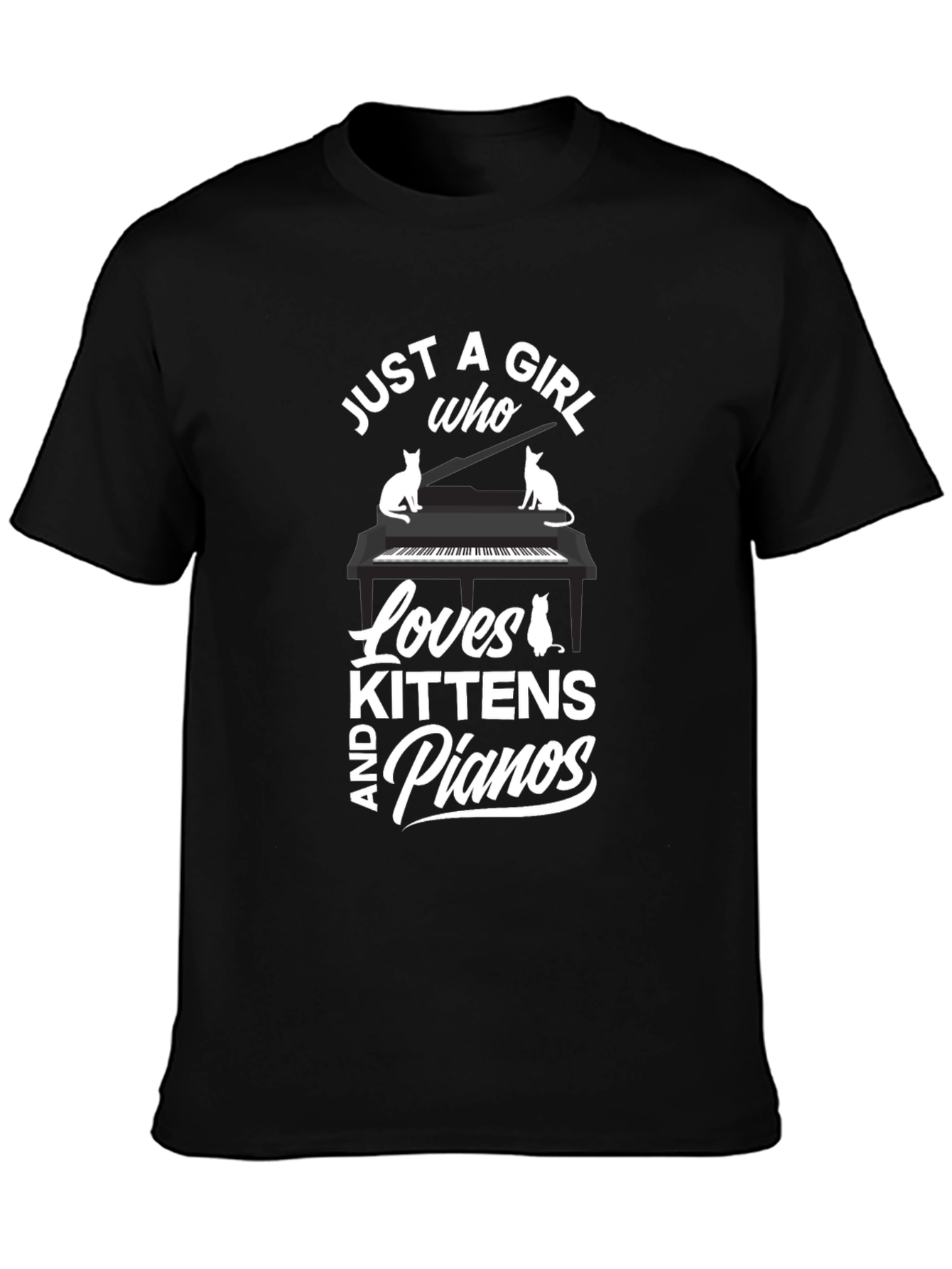 Black Just a Girl Who Loves Kittens and Pianos Black T-Shirt view 3