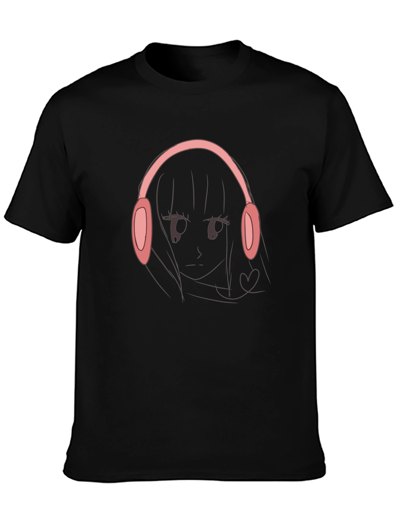 Black Anime Girl Headphones Graphic Black T-Shirt view 3