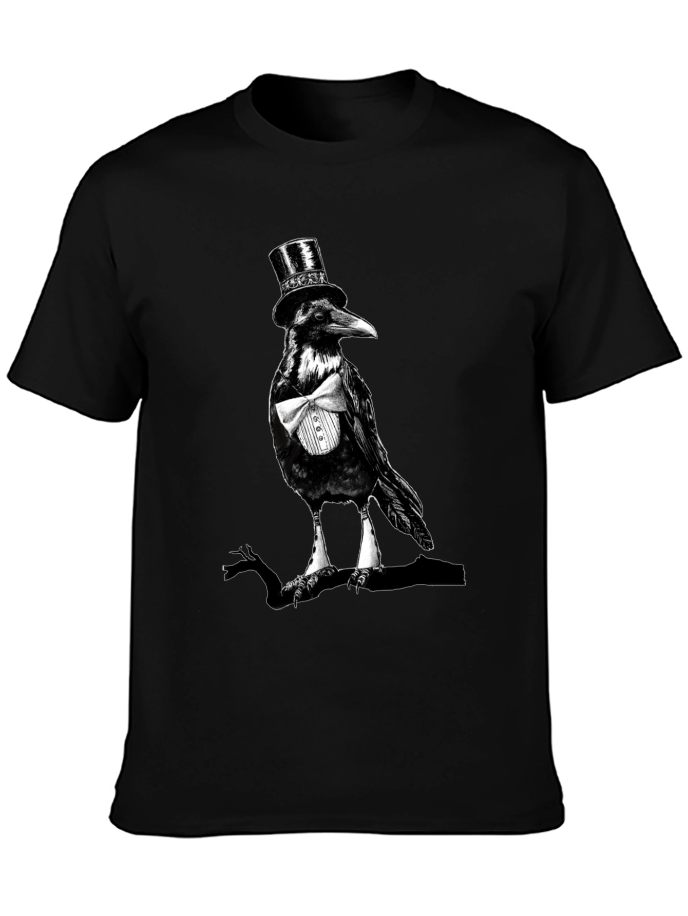 Black Raven Top Hat Bowtie T-Shirt, Mens Black Tee view 3