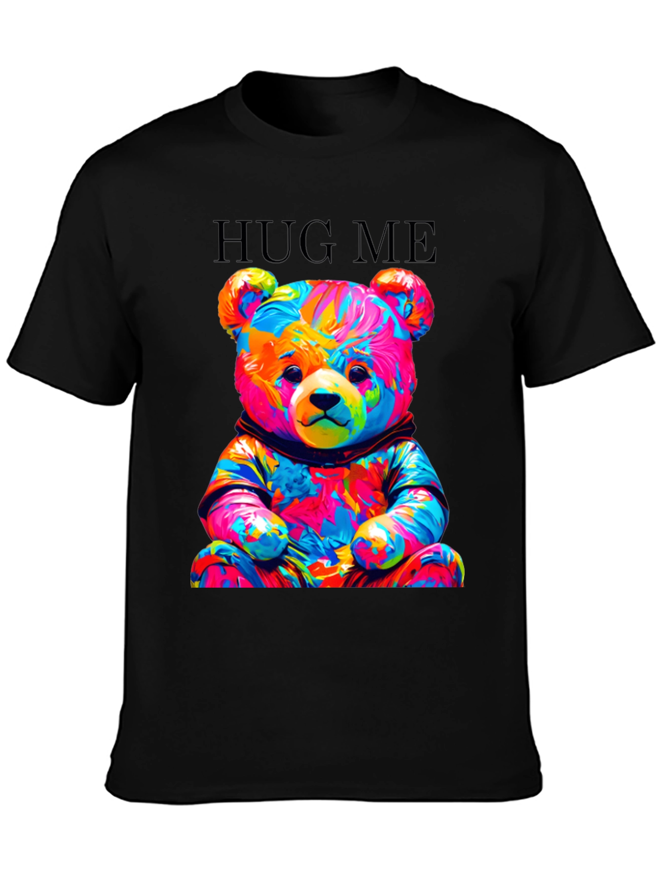 Black Colorful Teddy Bear Hug Me Graphic T-Shirt view 3