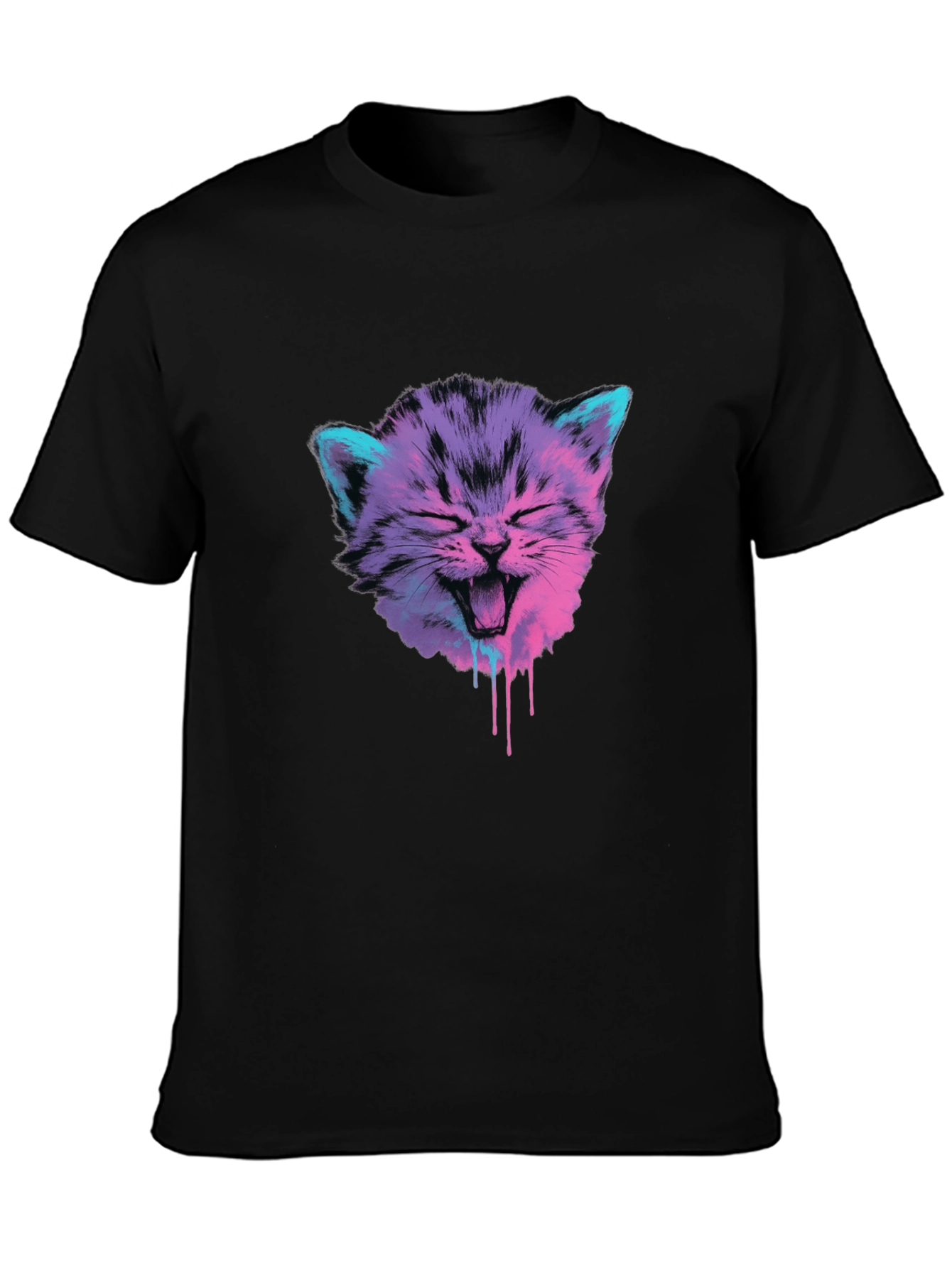 Black Vaporwave Cat Graphic Tee - Black Cotton Blend view 3