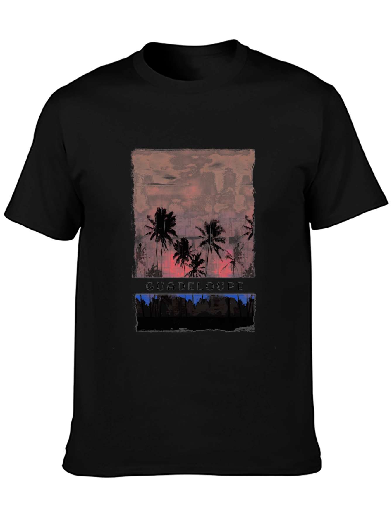 Black Guadeloupe Palm Tree Sunset Men's Graphic T-Shirt view 3