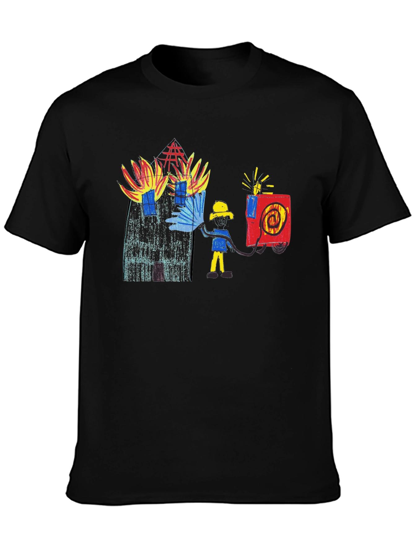 Black Fireman Drawing Graphic Black T-Shirt view 3