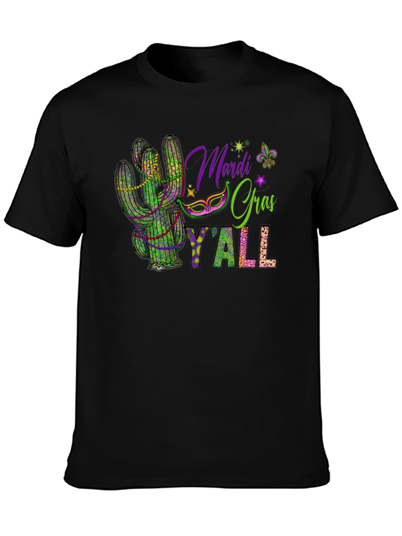Black Mardi Gras Y'all Cactus T-Shirt view 3