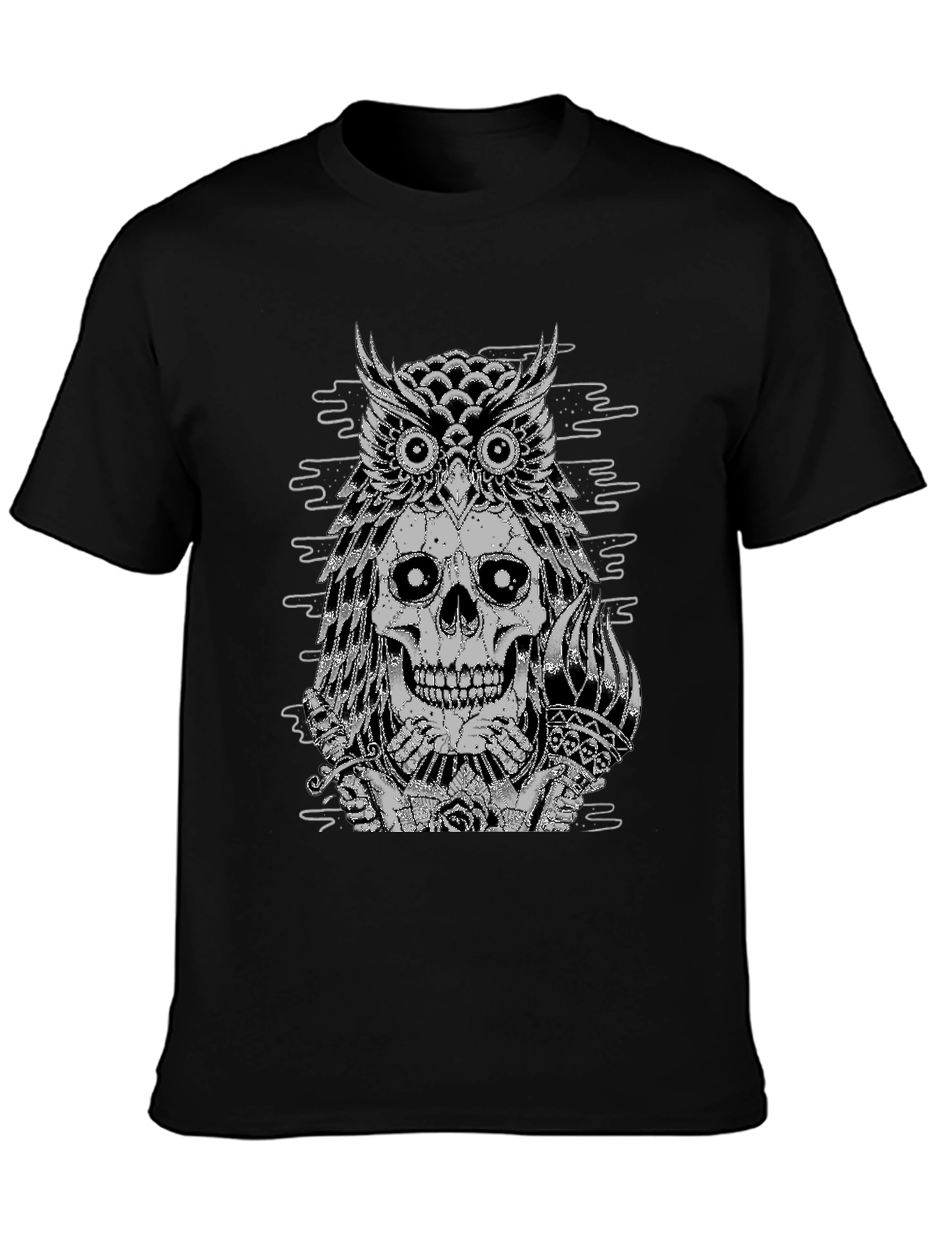 Black Owl Skull Graphic Tee - Black Cotton T-Shirt view 3