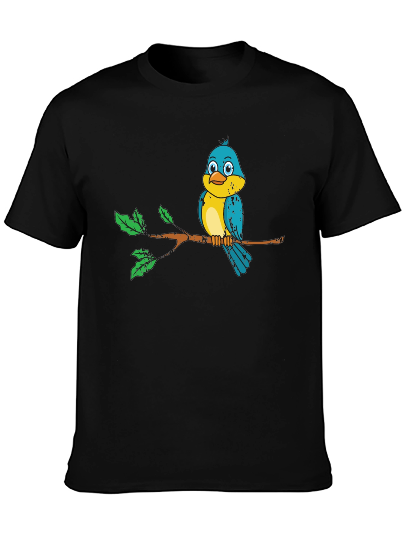 Black Cute Bird on Branch Graphic Tee - Unisex Black T-Shirt view 3