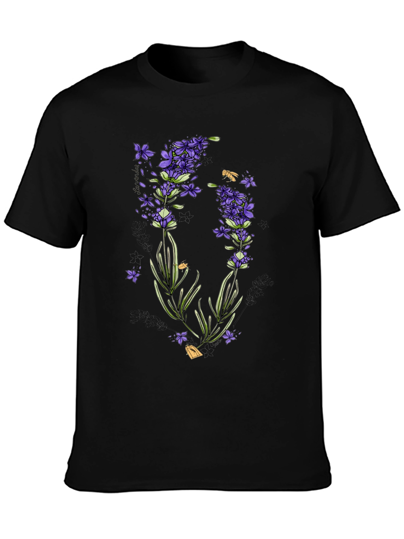 Black Lavender Print Black T-Shirt - Stylish & Unique view 3