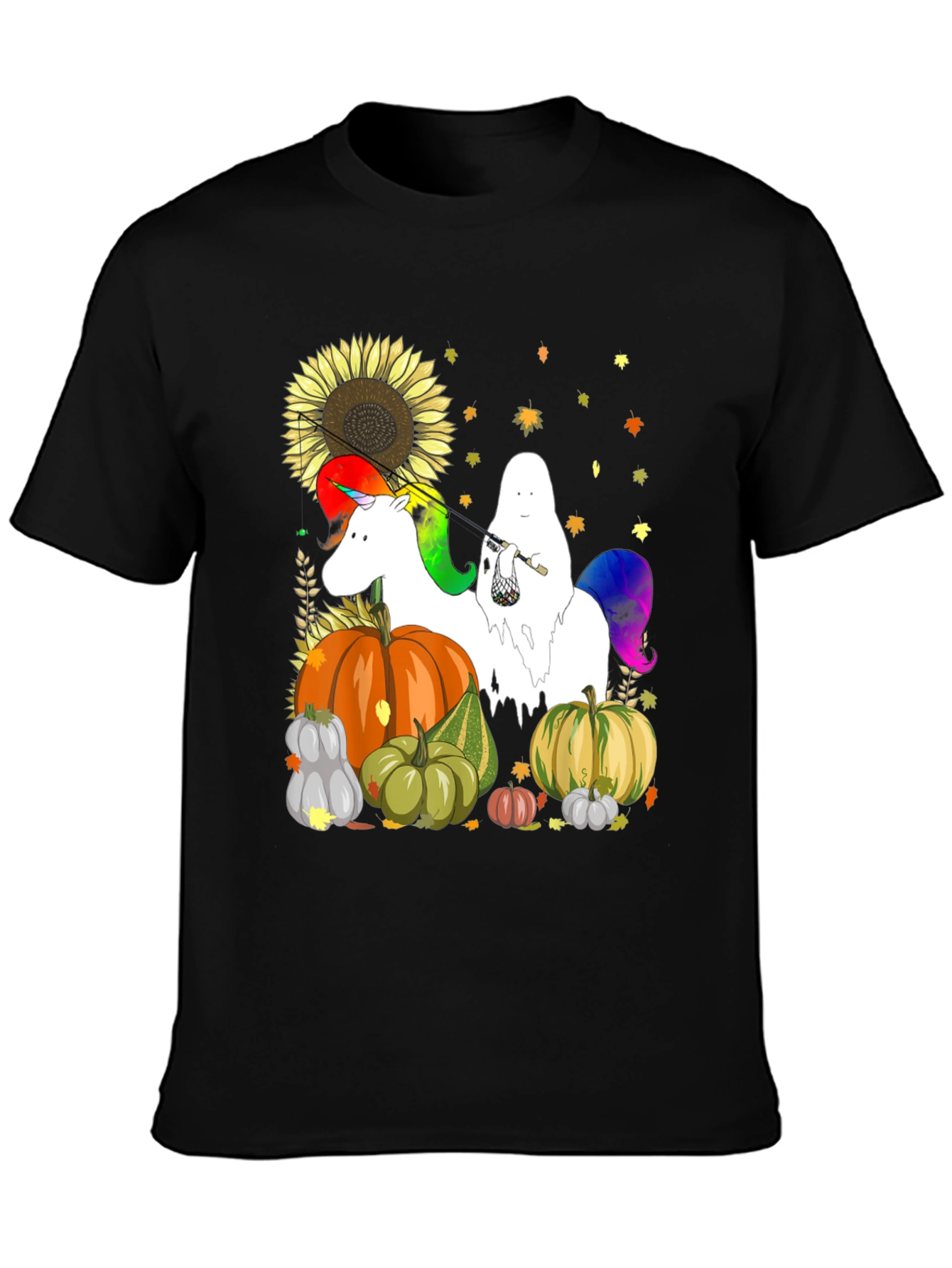 Black Unicorn Ghost Pumpkin Fall T-Shirt view 3