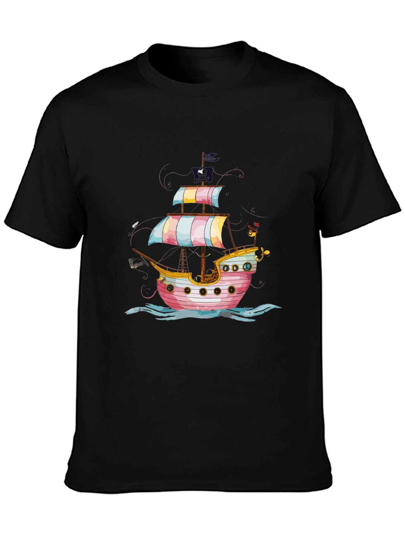 Black Pirate Ship Graphic Tee - Black Cotton T-Shirt view 3
