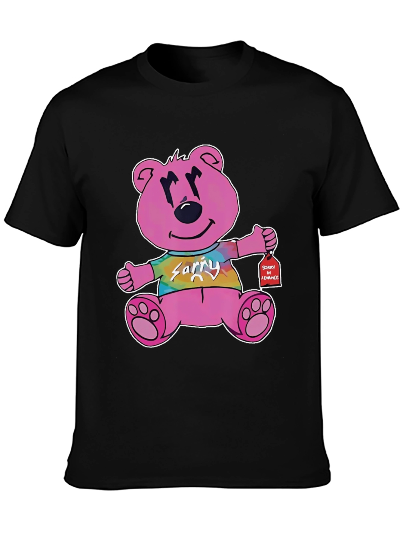 Black Novelty Graphic Tee: Pink Bear 'Sorry in Advance' view 3