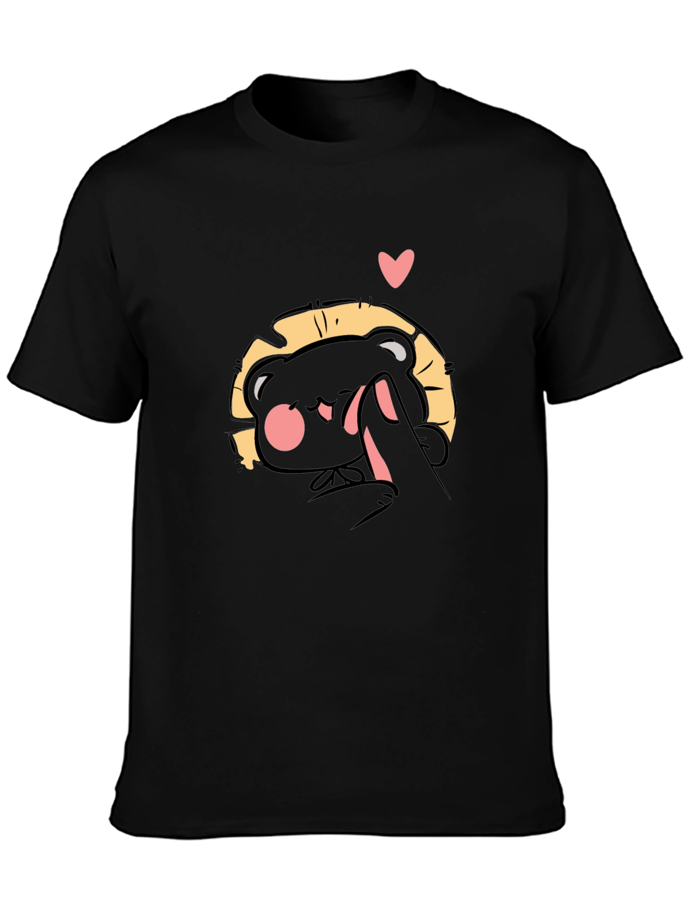 Cute Bear 'Finger Heart' Black T-Shirt - 3