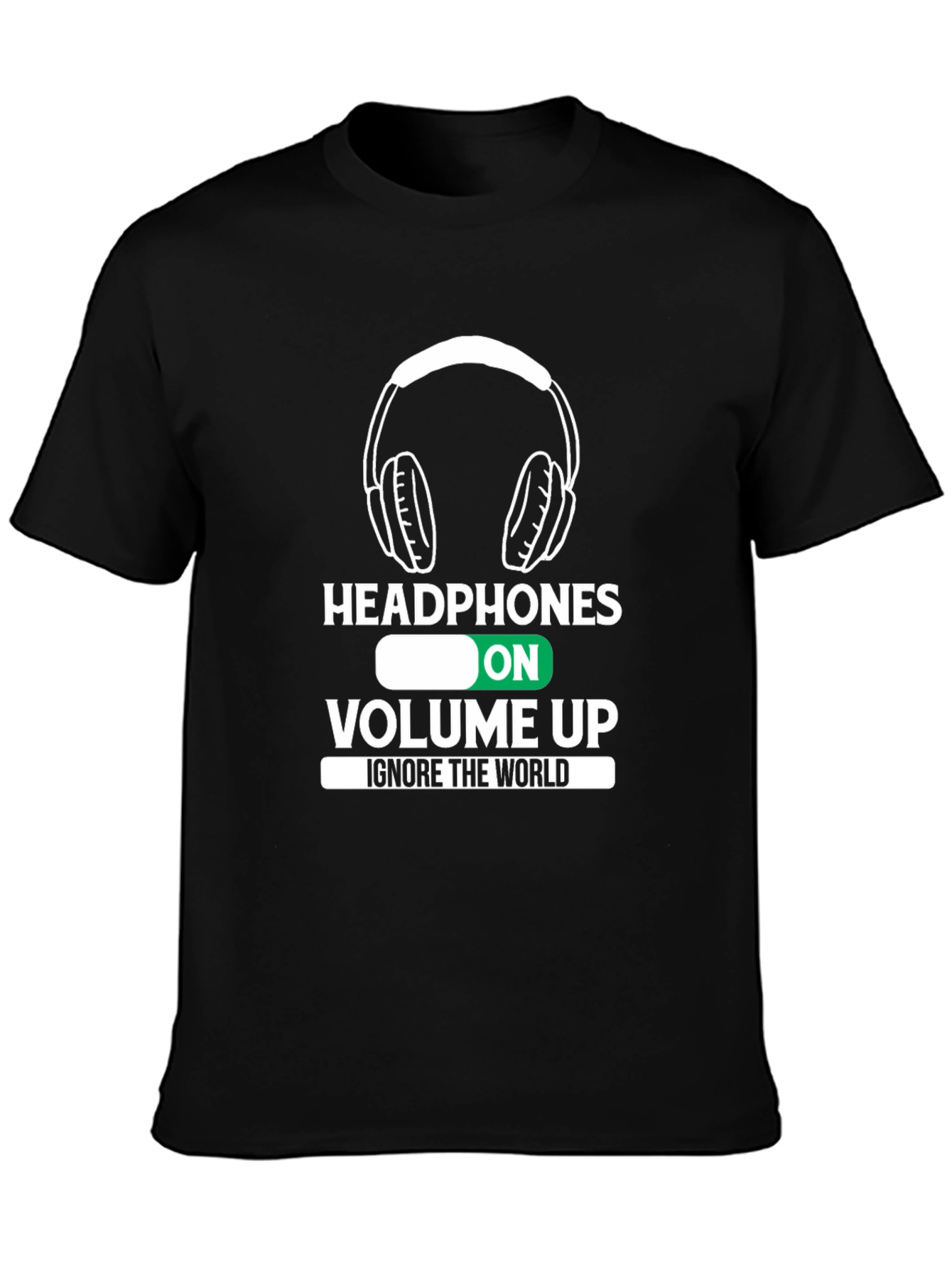 Black Headphones On Volume Up Black T-Shirt view 3