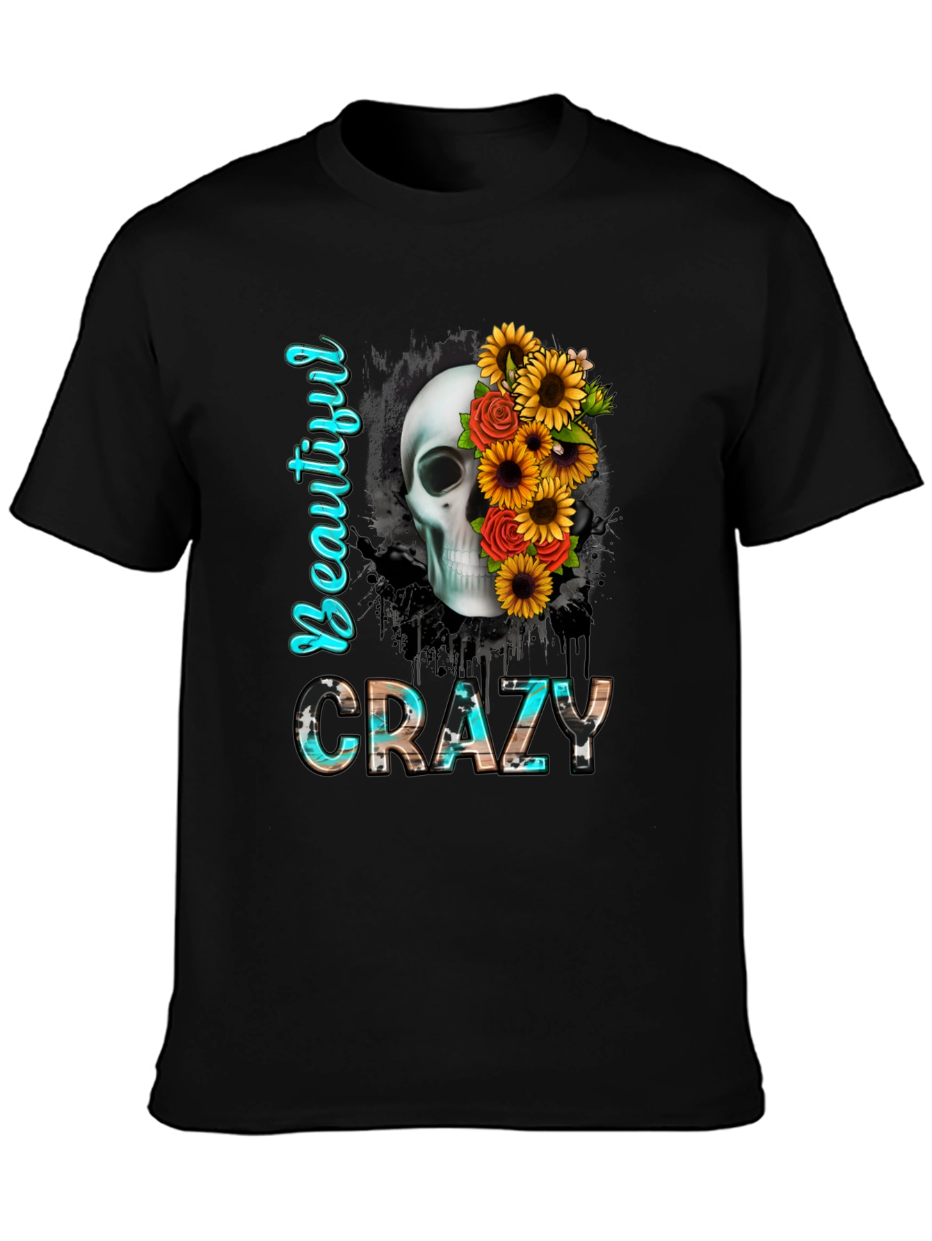 Black Beautiful Crazy Skull & Flowers Graphic Tee view 3