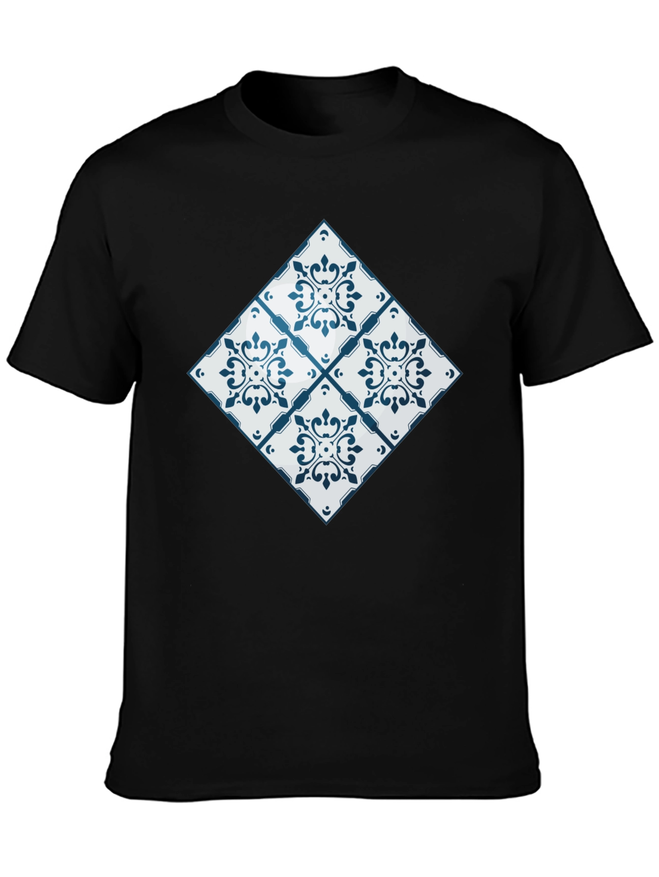 Black Azulejo Tile Pattern Black T-Shirt view 3