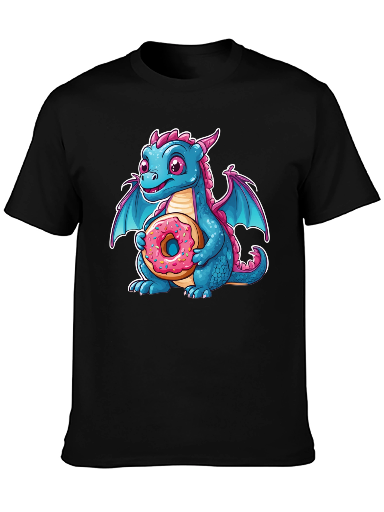 Black Cute Dragon Donut T-Shirt - Cartoon Graphic Tee view 3
