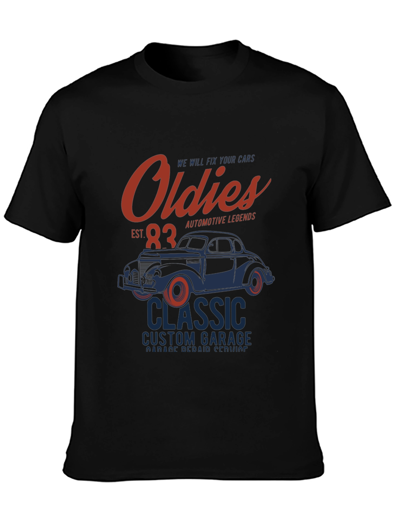 Black Oldies Classic Car Garage T-Shirt view 3