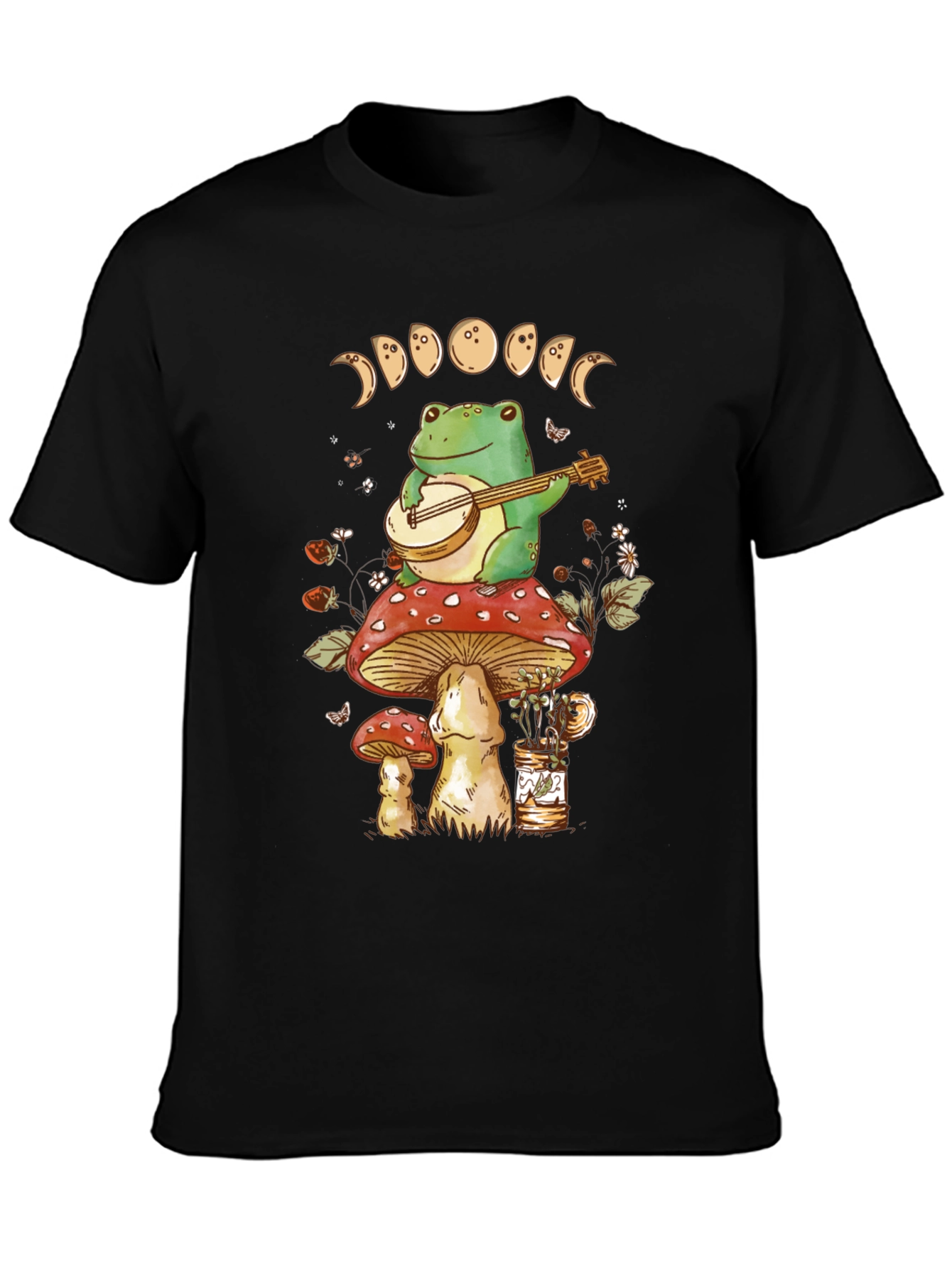 Black Frog Banjo Mushroom T-Shirt - Moon Phases view 3
