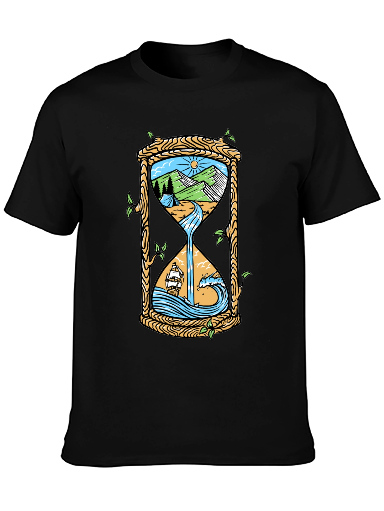 Black Nature Hourglass Graphic Tee - Unique Time Design Shirt view 3