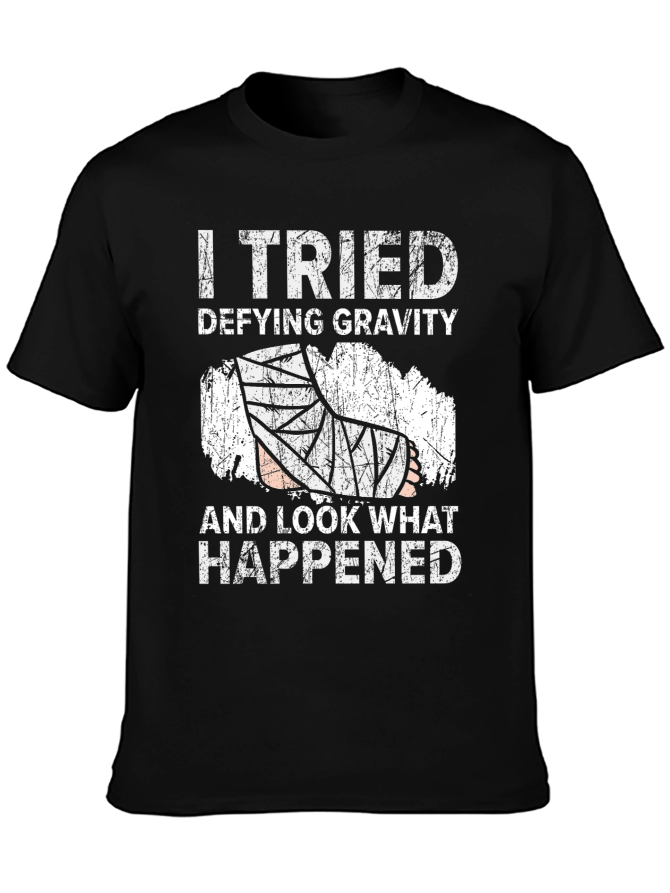 Black Defying Gravity Humor Tee - Broken Leg Joke Shirt view 3