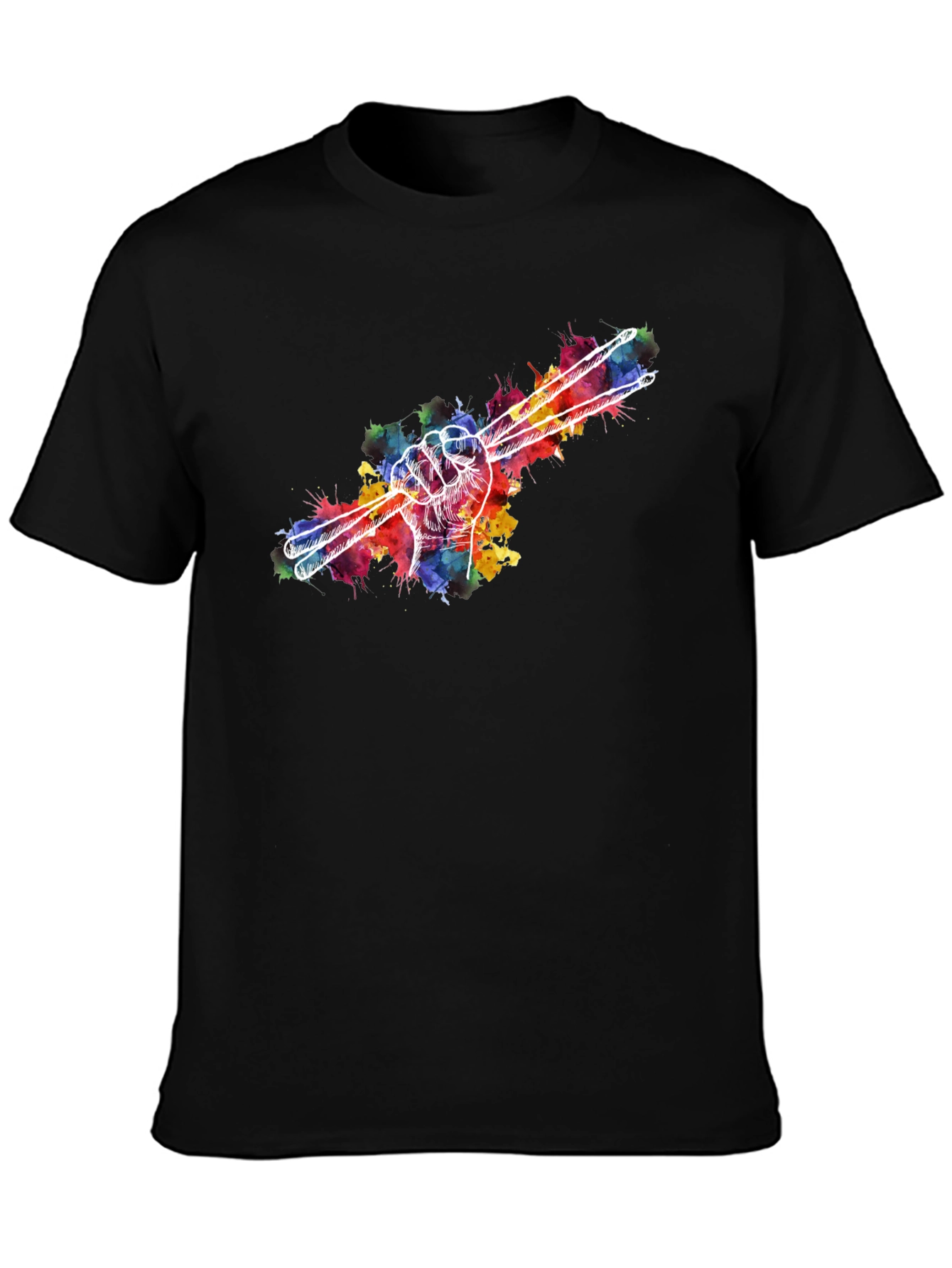 Black Drummer Hand Drumsticks Colorful T-Shirt view 3