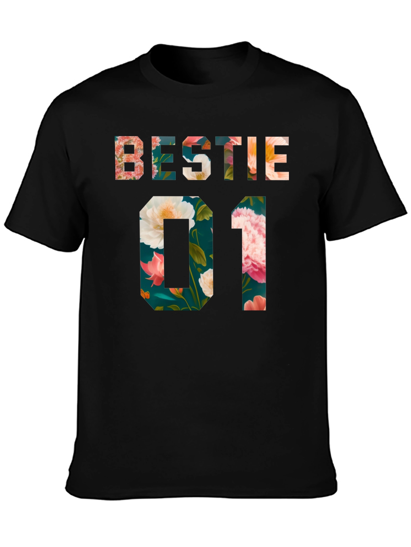 Black Floral Bestie 01 Black T-Shirt view 3