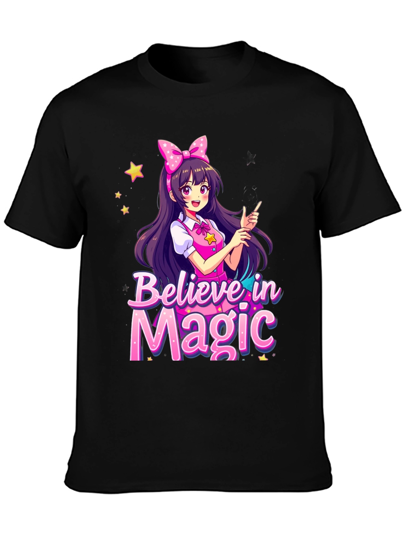 Black Believe in Magic Anime Girl Graphic T-Shirt view 3
