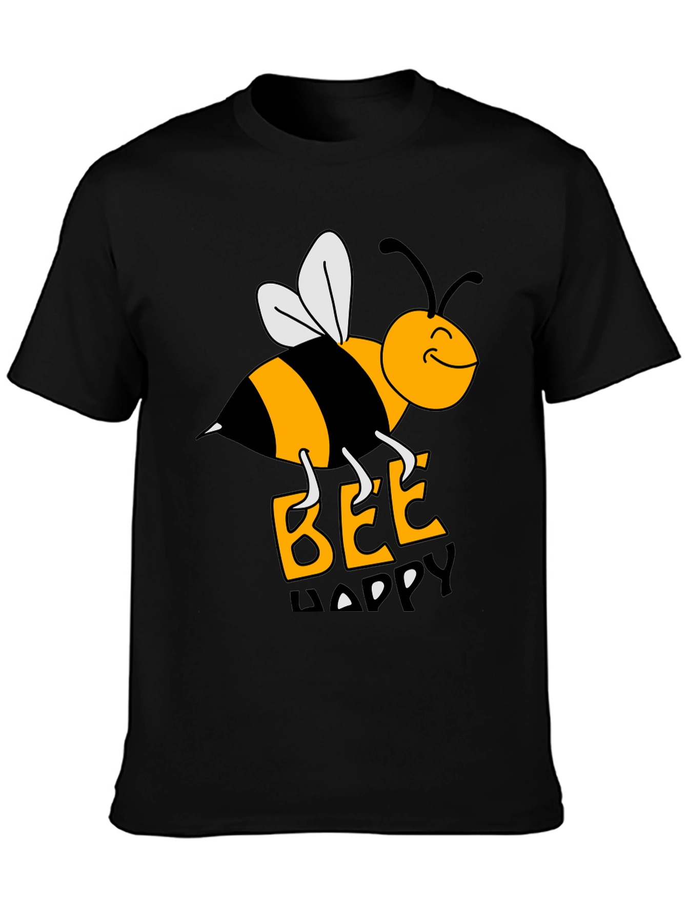 Black Bee Happy Graphic Tee - Black Cotton T-Shirt view 3