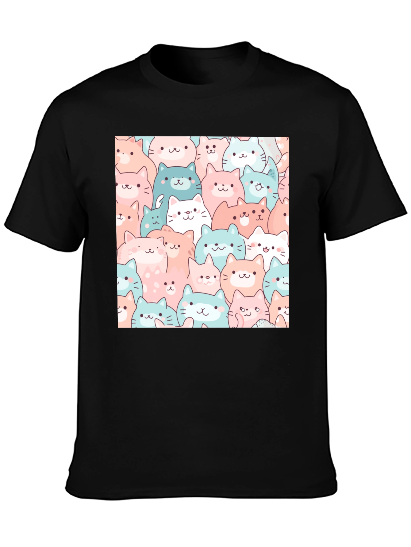 Black Cute Cats Pattern Black T-Shirt view 3