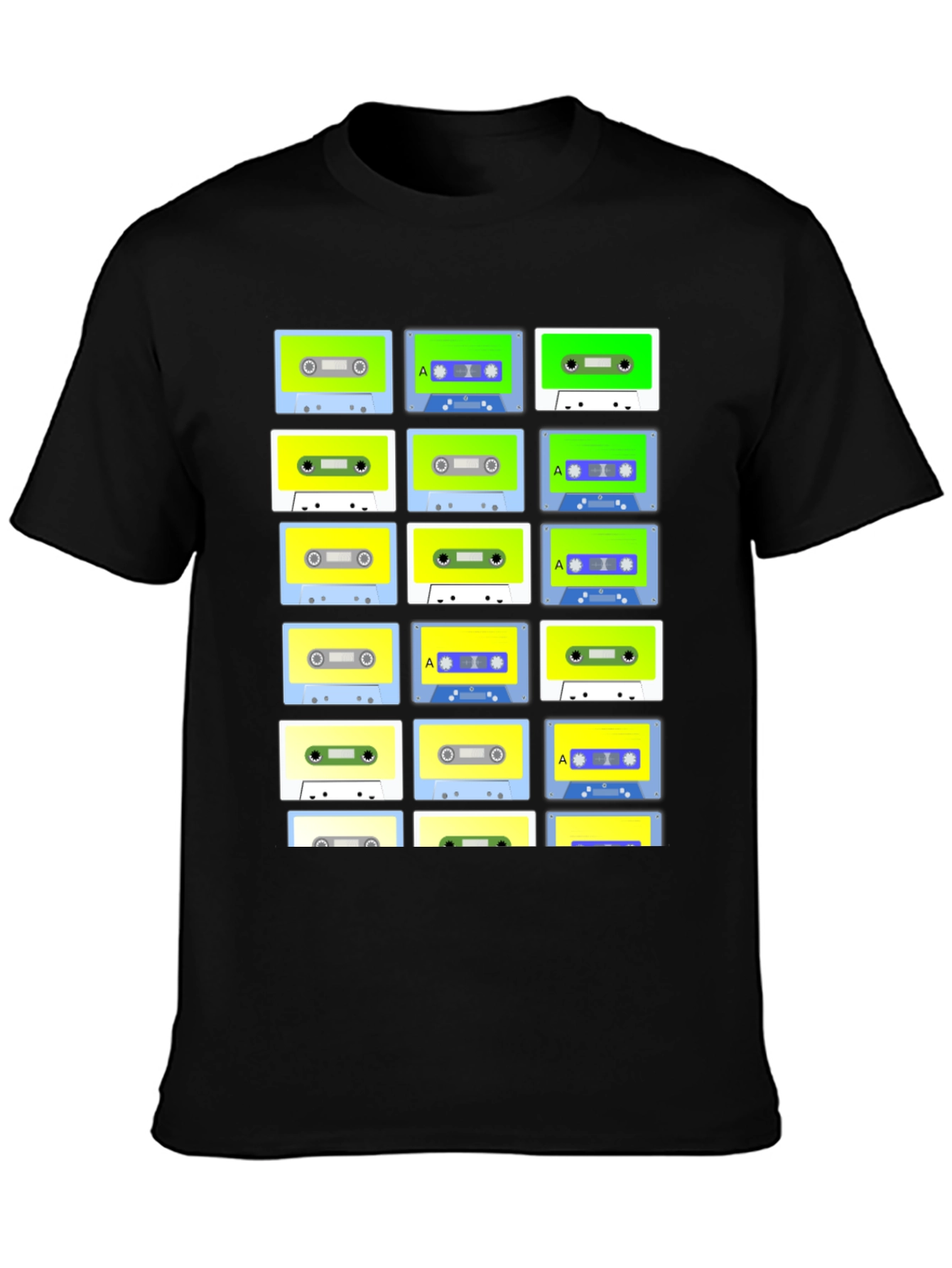 Black Retro Cassette Tape Pattern Black T-Shirt view 3